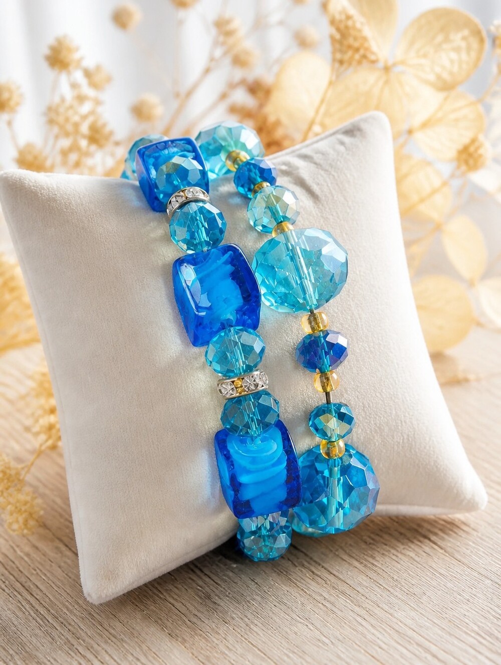 Set of 2 Blue Glass Stone Stretch Bracelets